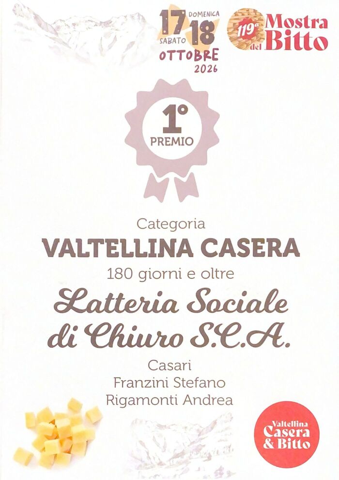 Latteria di Chiuro premiata alla 119ª Mostra del Bitto: tre riconoscimenti per il Valtellina Casera DOP